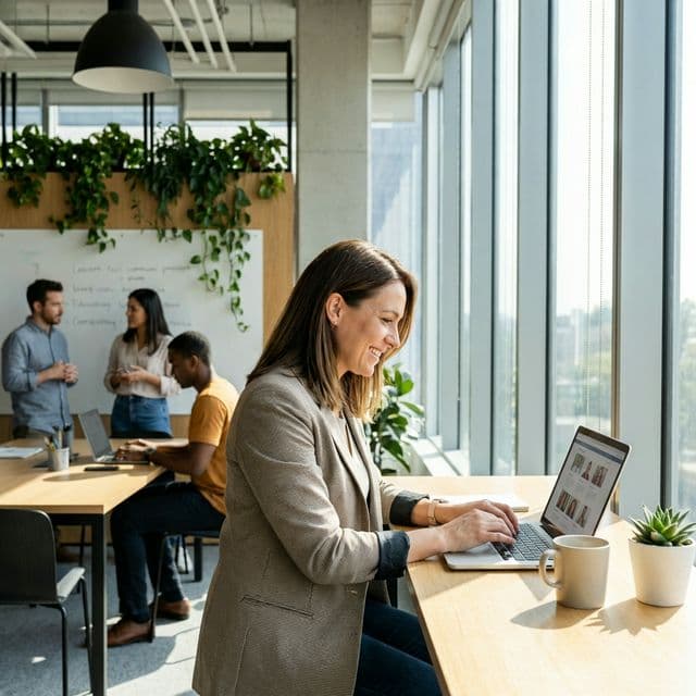 Campaign manager reviewing volunteer profiles on a laptop in a modern office