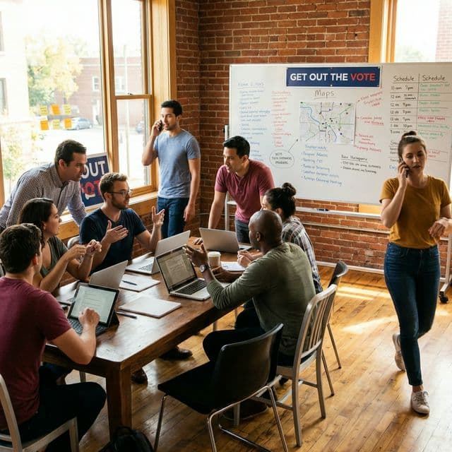 Campaign team coordinating on phones and tablets at a field office
