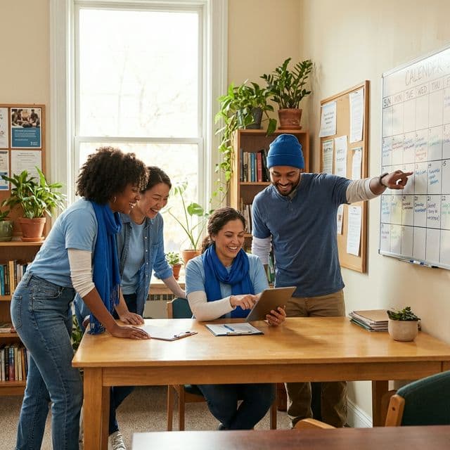 Volunteers coordinating schedules together at a community center